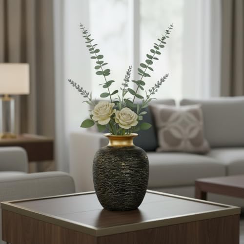 Black and Gold Vases Home Decor, 7 Inch Ceramic Flower Vase for Centerpieces, Modern Textured Decorative Vase for Living Room, Outdoor Table, Office Desk, Night Stand Decor - color: Black and Gold