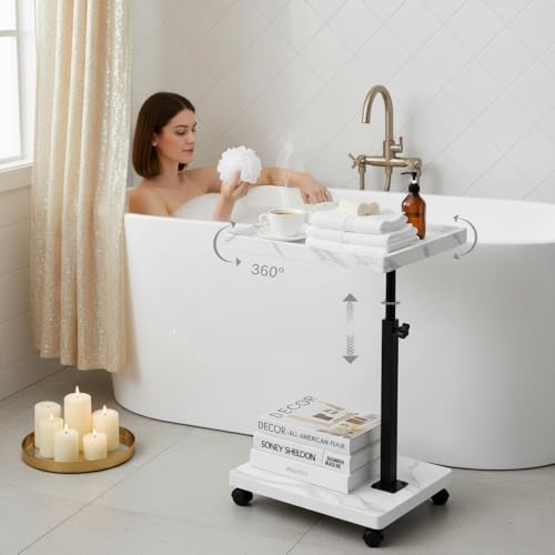 C Table End Table Adjustable Height,C Shaped End for Couch，Snack Tables,360°Swivel TV Tray Sofa Table,Tables that Slide Under,Coffee SideTable for Bed,Chair,Bath-tub (White Grain Color) - color: White Grain Color