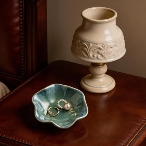 Ceramic Trinket Dish for Jewelry, Lotus Leaf Shape Small Ring Dish Tray, Jewelry Dish Organizer for Necklace Earrings, Home Decor Gift for Mom Best Friend Sister (green) - color: green
