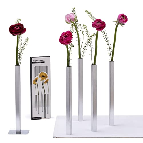 PELEG DESIGN Magnetic Bud Vase Set (Silver) - Unique Home Decor Gift & Modern Table Centerpiece - 5 Aluminum Single Stem Vases - 9.4" Tall Gravity Defying Decor