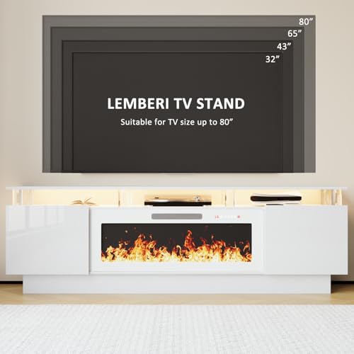 LEMBERI 70" Fireplace TV Stand for TVs up to 80 Inches with White 36'' Electric Fireplace & Remote, Modern Entertainment Center with LED Light,Woodeen TV Console for Living Room, 8 Acrylic Posts, Wht - color: White With White Fireplace (Acrylic Posts), si
