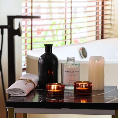 HAVITI 24 Pack Amber Tealight Candle Holders, Glass Votive Candle Holders Fall Decorations for Home Table Fall Wedding Centerpieces, Party Supplies and Vintage Decor - color: Amber, size: 1.3" x 2"