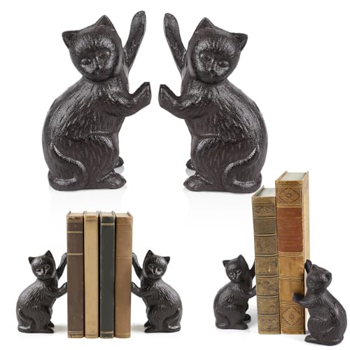 Decorative Cat Bookends, Cast Iron Kitty Book Ends, Heavy Duty Book Stopper, Vintage Antique Brown Black Home Decor, Cute Cat Statues for Shelf Decoration, 2 Pack (Black)