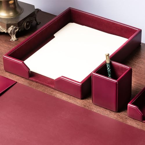 Dacasso Burgundy Bonded Leather Luxury Letter Tray Holder & Paper Organizer for Desk - Executive Desk Decor & Office Organization Essential - color: Burgundy, size: 13.5" x 10.5" x 2.1"