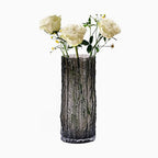 9.8 Inch Black Glass Vase, Glacier Glass Flower Vase, Boho Cylinder Ribbed Vase for Centerpiece, Living Room, Kitchen, Bookshelf, Dinner Table