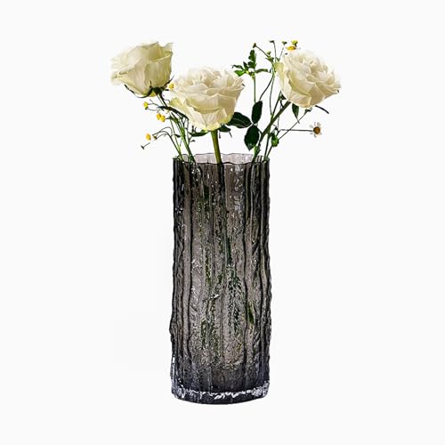 9.8 Inch Black Glass Vase, Glacier Glass Flower Vase, Boho Cylinder Ribbed Vase for Centerpiece, Living Room, Kitchen, Bookshelf, Dinner Table