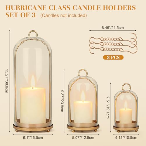 15"&9"&7" Hurricane Glass Candle Holders Set of 3, Metal Candle Holder with Handmade Glass Dome in Brass, Hanging Versatile Hurricane Glass Candle Holders for Pillar Candles (Candles Not Including)