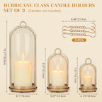 15"&9"&7" Hurricane Glass Candle Holders Set of 3, Metal Candle Holder with Handmade Glass Dome in Brass, Hanging Versatile Hurricane Glass Candle Holders for Pillar Candles (Candles Not Including)