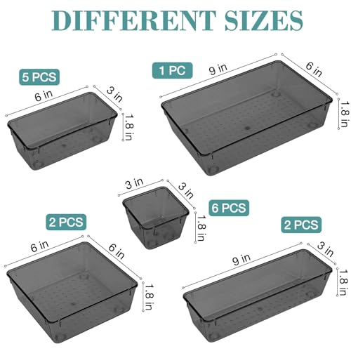 StorMiracle 16 PCS Drawer Organizer Set, 5 Varied Size Bathroom and kitchen Drawer cabinet organizer Trays, Clear Storage Bins for Makeup, Jewelry, Utensils and Gadgets, Black - color: Black, size: 16 PCS
