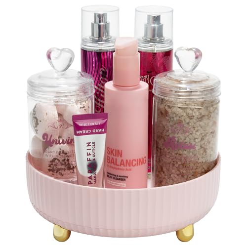 Paris Hilton 360° Rotating Makeup Organizer Tray, Large Capacity for Skincare & Beauty Essentials, Fluted Design with Gold Accents, 8.75-Inch, Pink - style: Organizer Tray