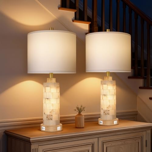 KIVDITZO 27" Alabaster and Wood Table Lamp Set of 2 with Night Light Nightstand Lamps with USB Ports White Linen Fabric Shade Bedside Lamp Decor for Living Room Bedroom Home Office Hotel Bar House - color: Natural Wood