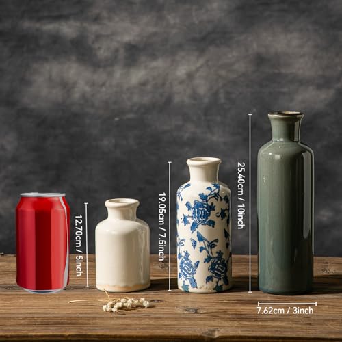 Rustic Ceramic Vase Set of 3, Farmhouse Decorative Flower Vases for Home Decor, Living Room Kitchen Bathroom Table Centerpieces, Shelf, Mantel and Entrance Decorations - color: Blue-2