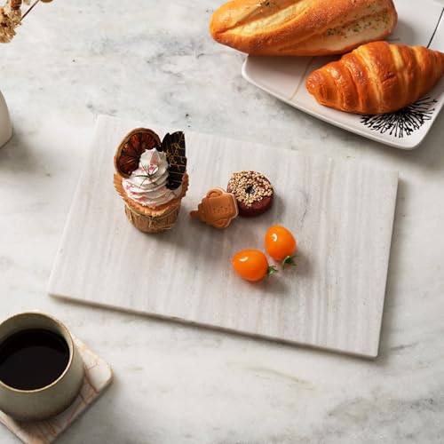 Koville Natural Marble Cutting Board for Kitchen Countertop, 12" x 8" Pastry Bread Macaron Display Board, Real Stone Slab Marble Cheese Boards, Bathroom Perfume Tray Candle Plate(Nestos White) - color: Nestos White
