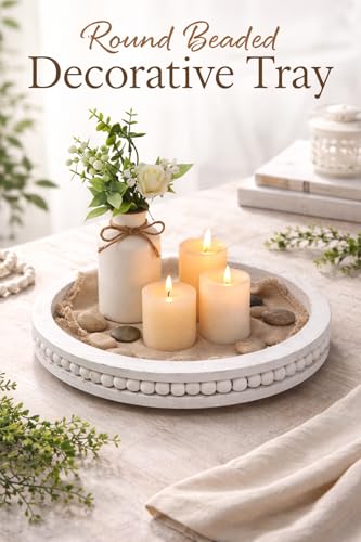 RayNab Farmhouse Round Wooden Beaded Tray – 12" Whitewashed Rustic Decorative Wood Tray for Coffee Table, Kitchen Centerpiece, Ottoman or Serving Snacks
