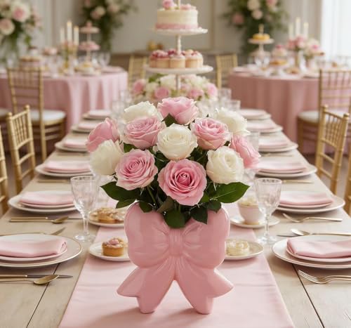 Pink Bow Vase, Pink Flower Vase for Home Decor, Coquette Ceramic Vase for Boho Style, Ceramic Vase for Ideal Shelf Decor/Table/Living Room. - color: Pink-1