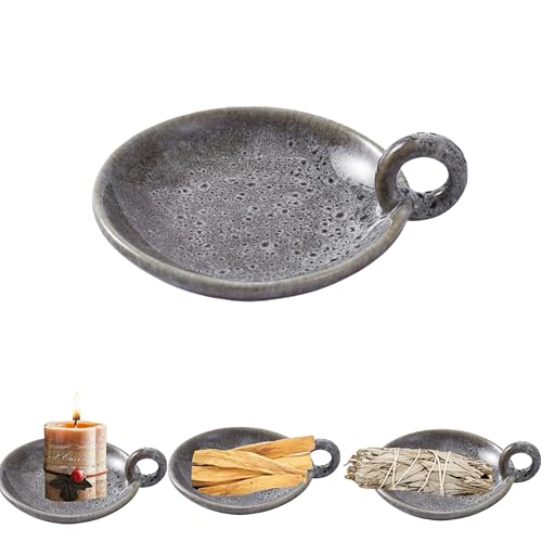 1pack Vintage Ceramic Candle Holders with Handle, Round Farmhouse Ceramic Plate Tray,Sage Holder for Burning,Incense Holder for Meditation Room Home Decor(Green) - color: Green
