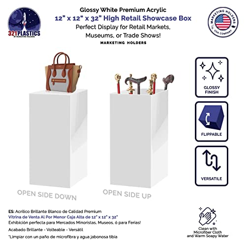 Marketing Holders Tall Acrylic Retail Display Box Cube Pedestal Art Sculpture Stand White Lucite Plinthe 12" x 12" x 32" Wedding Flower Tower One Piece Plexiglass Column
