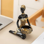 African Sitting Woman Handled Tray Resin Statue Tribal Art Figurine, Multi-Purpose Decorative Bowl Candy Dish Key Holder Jewelry Vanity Tray, Unique Housewarming Gift for Living Room Entryway Office