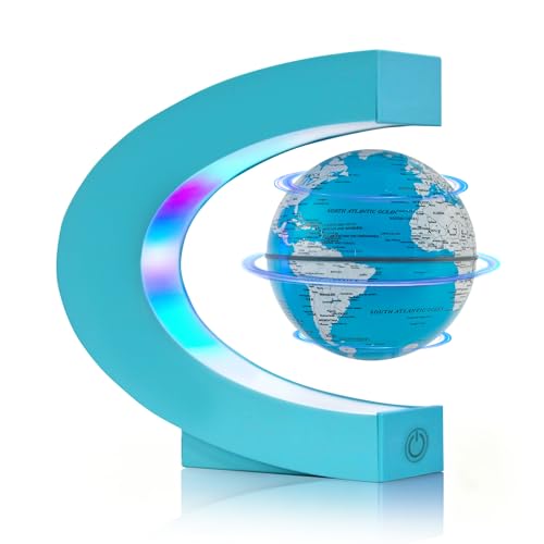 Flagest Magnetic Levitation Floating Globe, Levitating C Shape Globe with Cyan Frame and LED Lights for Education Home Office Desk Decor, Holiday Anniversary Creative Gift(3.3 Inches) - color: Cyan