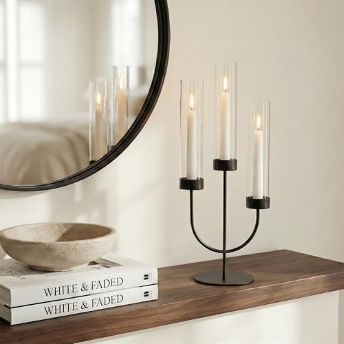 Sziqiqi Black Candelabra Candle Holder: 3 Arm Candlesticks Holder Decor with Glass Hurricane for Dining Table Centerpiece - Metal Candelabra for Halloween Outdoor Dinner Fireplace - color: Black