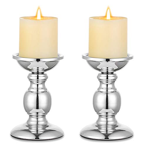 Nuptio Silver Pillar Candle Holders, Wedding Centerpieces Metal Candle Holder for 3inches Candles Stand Decoration Ideal for Weddings Special Events Parties Living Room, 2 Pcs - color: Silver, size: S + S