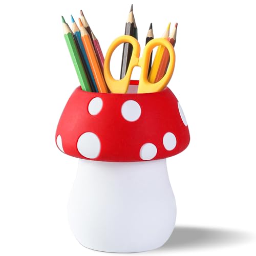 Silicone Pen Holder Cactus Pencil Holder Cute Pens Cup for Desk for Kids Office Decor Desk Accessories Pen Pot Desk Organizer (Red Mushroom) - color: Red Mushroom