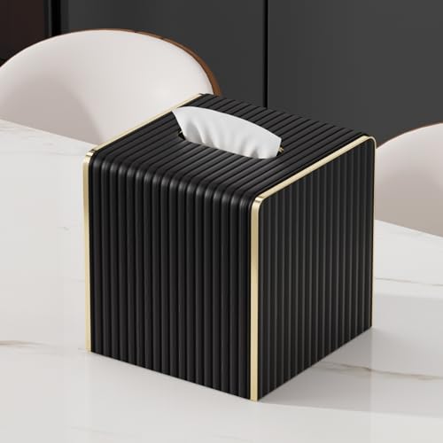 Tissue Box Cover,Black Square Luxury PU Leather Tissue Holder with Gold-Tone Edging Accents,Tissue Box Cover for Bathroom Toilet Bedroom Living Room Table Desk Office,Coffee Table Decor - color: Black, size: Square Standard