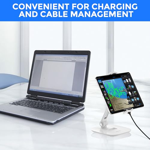 AboveTEK Tablet Stand Holder, Stylish Aluminum iPad Stands, Foldable 360° Swivel iPad iPhone Table Stand Holder fits 4-11" Tablets/Smartphones for Kitchen Bedside Office POS Showroom Reception (White) - color: White, size: 4"-11"