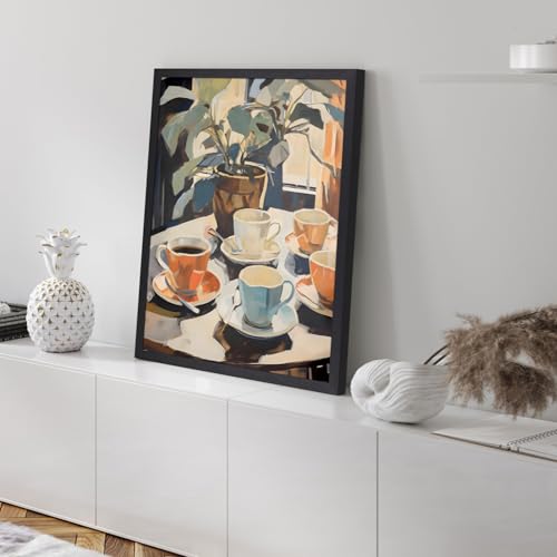 GELDSTEI Wood Framed Coffee Wall Art, Vintage Cafe Aesthetic Picture, Cafe Bar Canvas Painting, Retro Coffee Poster Print, Modern Rustic Wall Decor for Kitchen Dining Room Ready to Hang 12x16 Inch - color: Orange-Blue(Wood), size: 16"L x 12"W