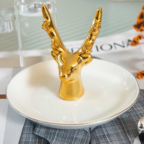 Gold Deer Ring Holder Dish, Ceramic Jewelry Tray Trinket Dish for Necklace Keychain Organizer, Cute Funny Birthday Wedding Mothers Day Gift for Women Friends Girls - style: Gold Deer