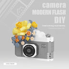 Retro Grey Camera Miniature Figurine - Sunny Yellow Rose Desktop Collectible - color: Gray