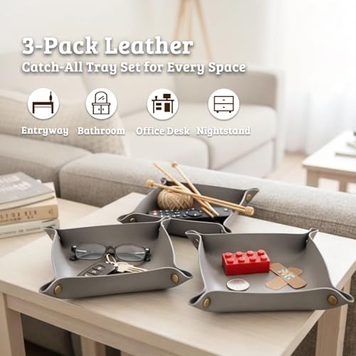 3 PACK PU Leather Jewelry Valet Tray Organizer, Foldable & Portable Catch All Bowl for Entryway Table, Nightstand, Desk & Travel | Storage Dish for Keys, Watch, Coin, Glasses (Grey) - color: Grey