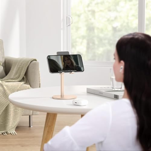 OMOTON Cell Phone Stand, Angle Height Adjustable Phone Stand, Aluminum Desktop Phone Holder Dock Stand for Desk, Compatible with iPhone 17 Pro Max, All Smartphones and Tablets(4-11''),Gold - color: Gold