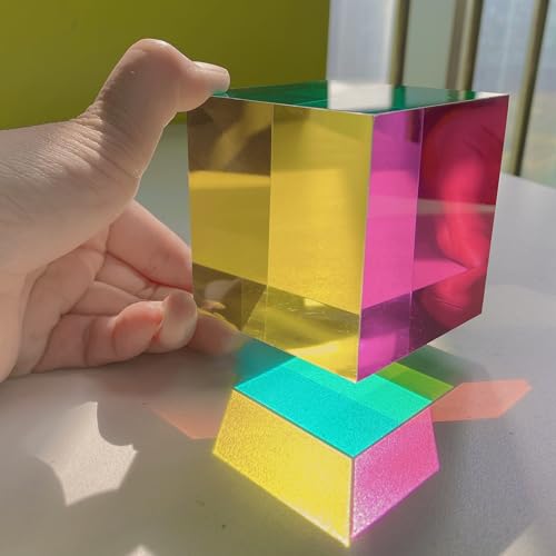 CMY Color Cube, 2.75 inch (70mm) Acrylic Multi-Color Cube Prism for Physics Education Learning and Office Desktop Decor, Scientific Toys and Gifts for Kids - size: 70mm