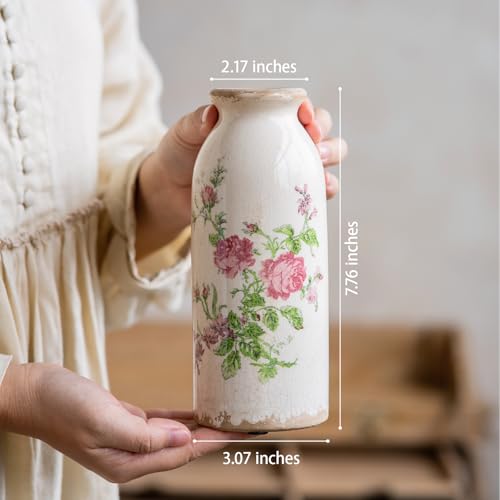 Teweiqi Ceramic Rustic Farmhouse Vase, Distressed Floral Pattern, Holds Water, With Handle, 7.8 inches - color: Pink Flora, size: 8 Inch