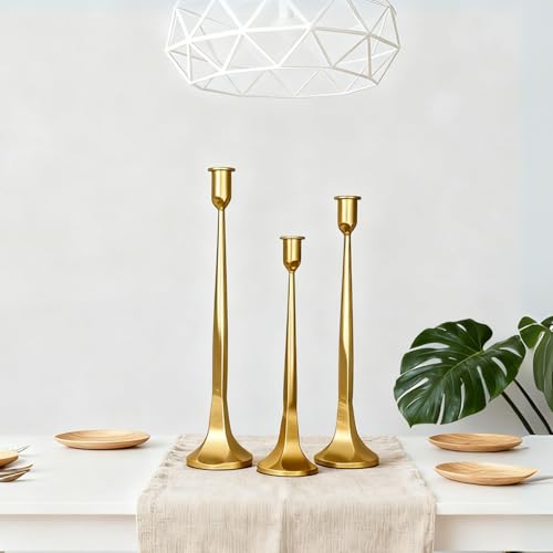 Set of 3 Gold Iron Candlestick Holders – Tapered Candle Holders for 3/4" Candles, Tall Candle Stick Set for Dining Table, Wedding, and Home Décor - color: Gold