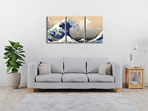 Wieco Art Great Wave of Kanagawa Katsushika Hokusai 3 Piece Modern Stretched Canvas Prints Artwork Abstract Pictures Paintings on Canvas Wall Art for Home Office Decorations Wall Decor - color: Great Wave, size: 16 x 24 inches (Unframed)