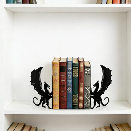 Dragon Metal Book Ends Decorative Set of 2 - Fantasy Themed Bookends for Heavy Books, Gothic Geometric Book Holders for Bookshelves, Matte Black Office, Home, Library Desk Decor - color: Type-6