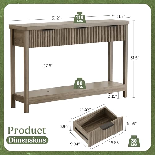 Lulive 51" Fluted Console Table for Entryway, Wooden Entryway Table with 3 Wooden Drawers, Farmhouse Behind Sofa Table for Living Room, Hallway, Couch, Foyer - color: Dark Gray