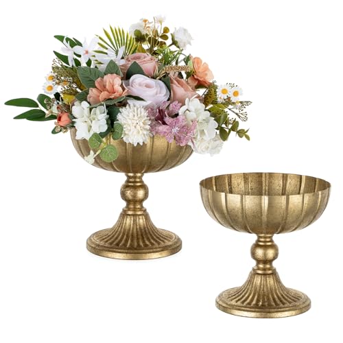 NUPTIO Gold Compote Vase for Centerpiece: 7.95" Tall Pedestal Footed Bowl for Flowers - Distressed Brass Urn for Wedding Table Decorative Set of 2 - size: 8.15"H - 2pcs