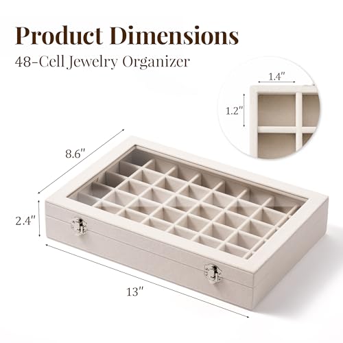 48 Grid Earring Organizer and Storage: Velvet Jewelry Tray with Lid, Jewelry Box for Studs, Earrings, Rings, Necklaces, Dresser & Vanity, Earrings Case for Girls, Women, 13"x8.6"x2.4", Beige - color: Beige