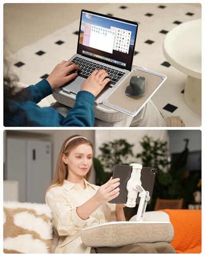 Viozon Kindle Pillow Stand Holder, Phone Holder for Bed, Laptop Lap Desk with Mouse Pad,Compatible with 4.7-13" Kindle/Tablet/Phone,10-15" Laptop, Snack Bowl&Cup Attachment&Detachable 360° Stand Arm - color: Beige