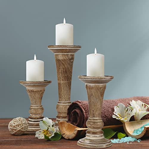 Hand Crafted Decorative Wooden Pillar Candle Holder Stand Siren Shape, Rounded Turned Colums, Country Style Ideal for Gift, Wedding, Christmas, Party, Home, Spa - 10,8,6 Inch Set of 3 - White Wash - color: White Wash, size: 10,8,6 Inch Set of 3 - Siren