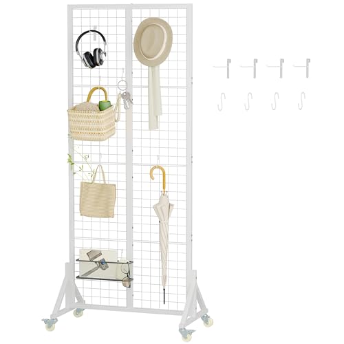 Rolling Gridwall Display Stand, 64.2" H x 23.6" W Wire Mesh Rack with Wheels, Metal Display Grid for Art Shows, Craft Fairs, Retail Boutique & Home Storage, White - color: White