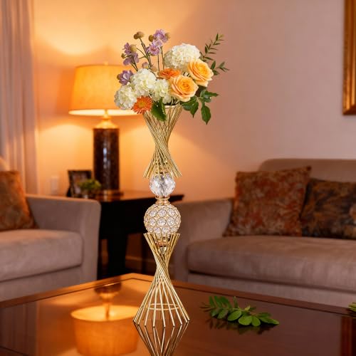 VIJIV Gold Vase for Wedding Centerpieces Table, 24" Tall Luxury Hourglass Metal Trumpet Vase for Flower Arrangement & Ostrich Feathers Holder, Perfect for Wedding Galas, Anniversary & Formal Events - size: Tall-23.7IN