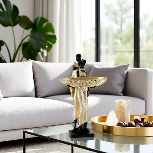 African Couple Resin Tray Sculpture – Black and Gold Decorative Bowl Statue for Entryway, Vanity, Coffee Table, Key Candy Jewelry Holder, Ethnic Art Home Decor Gift - color: 310gold