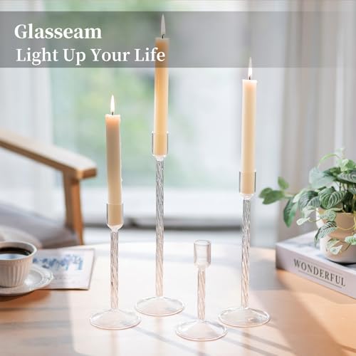 Glasseam Glass Candlestick Holders Clear: Taper Candle Holders Set of 4 Tall Candle Stick Candle Holder for Tapered Candles Decorative Candle Holders for Table Centerpiece Wedding Christmas Home Decor - color: Clear