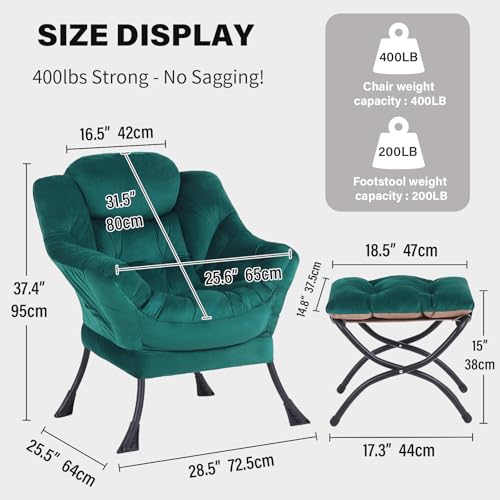 Tiita Lazy Chair with Ottoman, Green Modern Large Accent Chair, Comfy Leisure Sofa Armchair with Ottoman, Reading Chair with Footrest for Bedroom, Living Room, Dorm Rooms, Velvet Green - color: Green