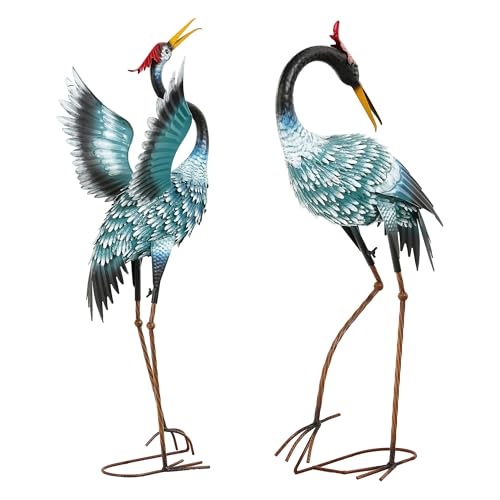 Extra-Large Crane Statue, 36.8" Handcrafted Metal Blue Heron Decor Sculptures with Stable U-Ground Stakes, Backyard Decoration, Metal Garden Bird Animal Yard Art, Lawn Ornament Decor - color: 36" - Gradient Sky Blue
