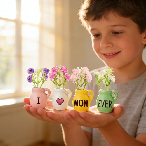 4 Pcs Mini Vase Fridge Magnets, Cute Ceramic Refrigerator Magnets with Artificial Flowers, Ideal for Mother’s Day and Birthday Gifts, Kitchen and Office Decor